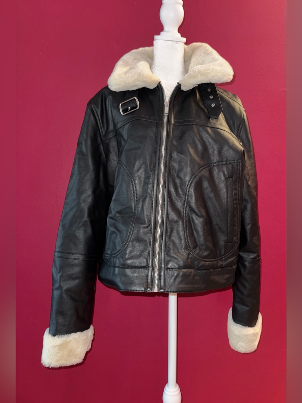 Hollister Black Faux Leather Jacket with Cream Sherpa Trim